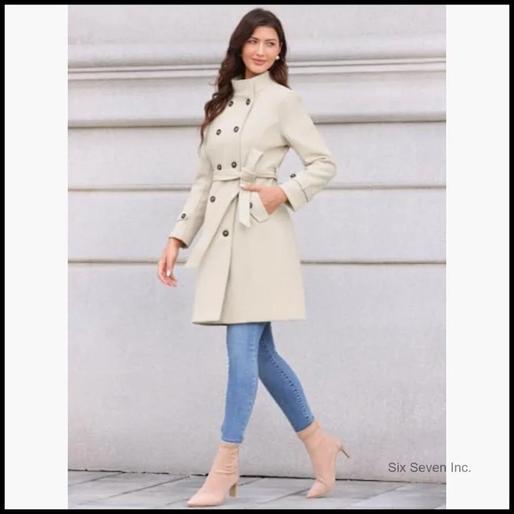 Polyester Pea Coat with Belt Double Breasted Trench Winter Coat - Picture 4 of 6